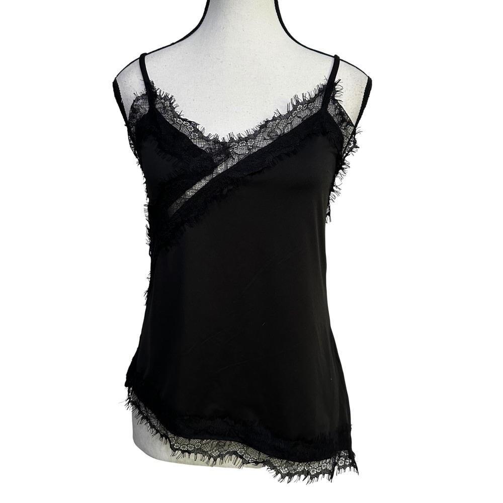 Black Lace Cami Top Medium Asymmetrical Eyelash Trim Tank Goth Coquette Y2K Chic